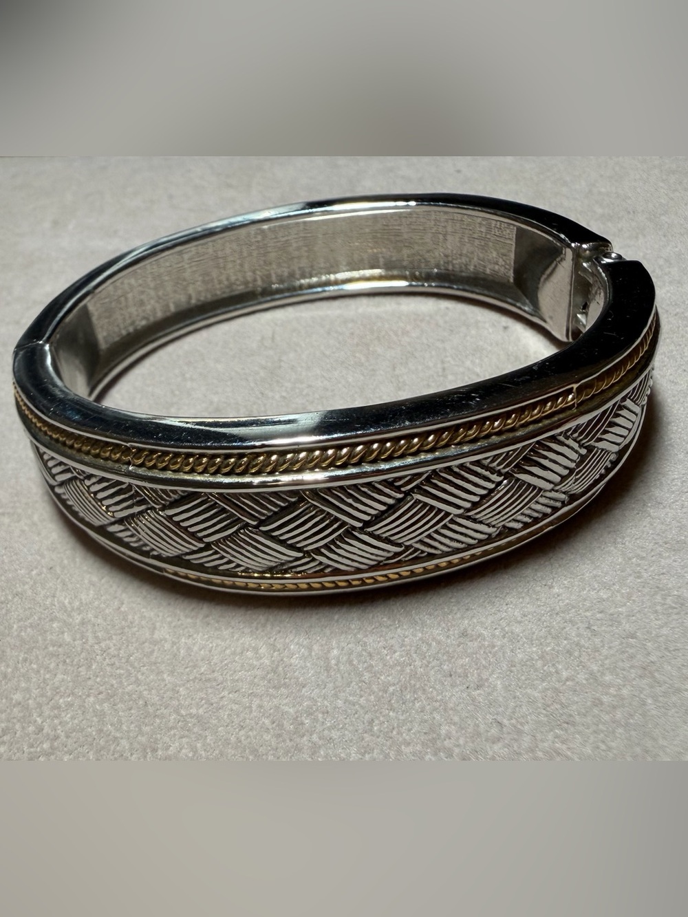 Vintage Two Tone Basketweave Hinged Clamper Bangle Bracelet